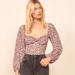 Reformation Beautiful Leopard Print Blouse in Soft Muted Mauve & Black